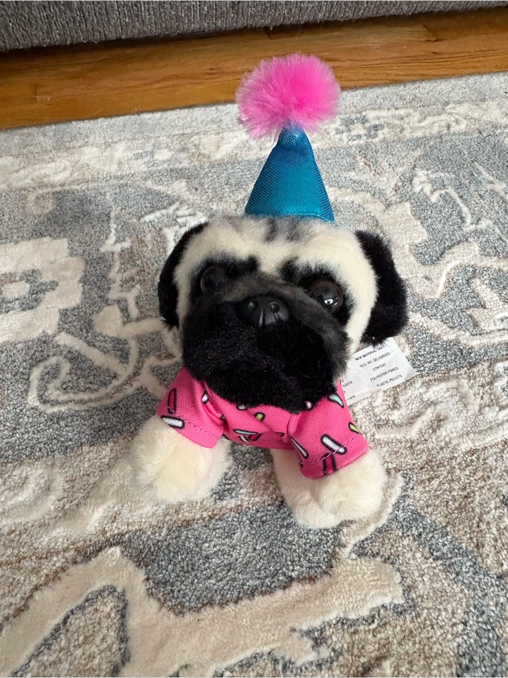 Plush Doug The Pug Stuffed Animal in Pink Party Shirt with Blue Hat Birthday